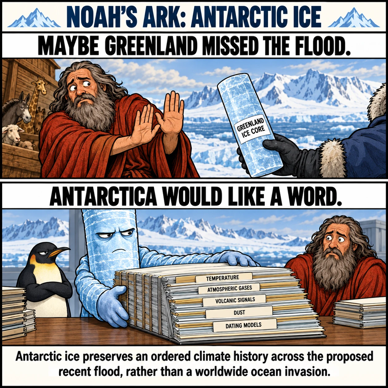 NOAH'S ARK: ANTARCTIC ICE. MAYBE GREENLAND MISSED THE FLOOD. ANTARCTICA WOULD LIKE A WORD. Antarctic ice preserves an ordered climate history across the proposed recent flood, rather than a worldwide ocean invasion.