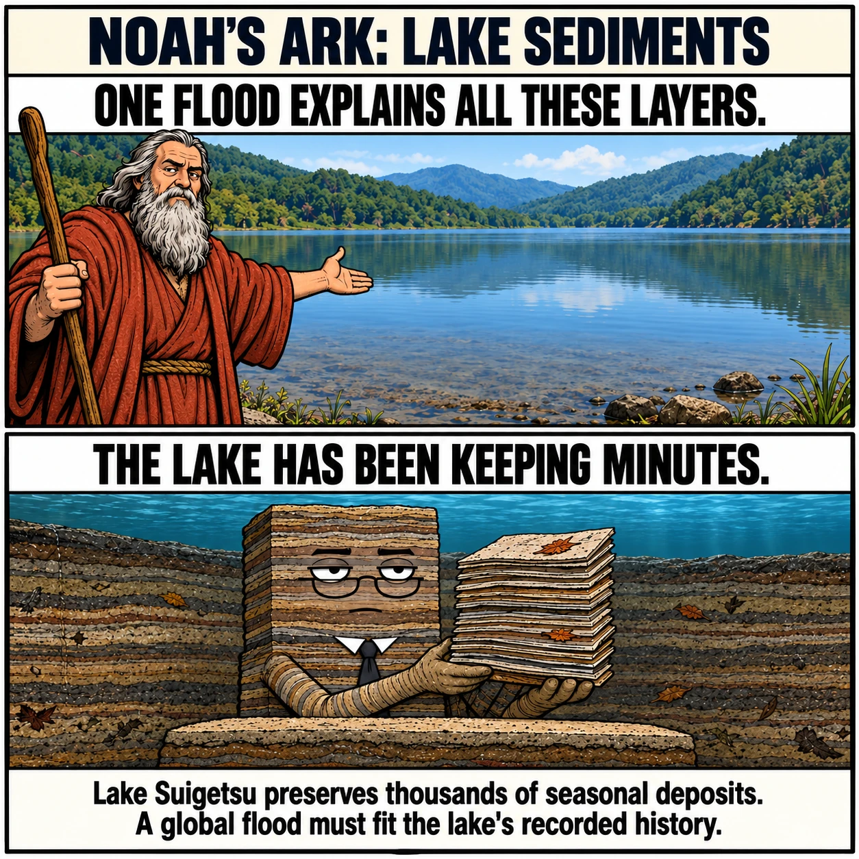 NOAH'S ARK: LAKE SEDIMENTS. ONE FLOOD EXPLAINS ALL THESE LAYERS. THE LAKE HAS BEEN KEEPING MINUTES. Lake Suigetsu preserves thousands of seasonal deposits. A global flood must fit the lake's recorded history.