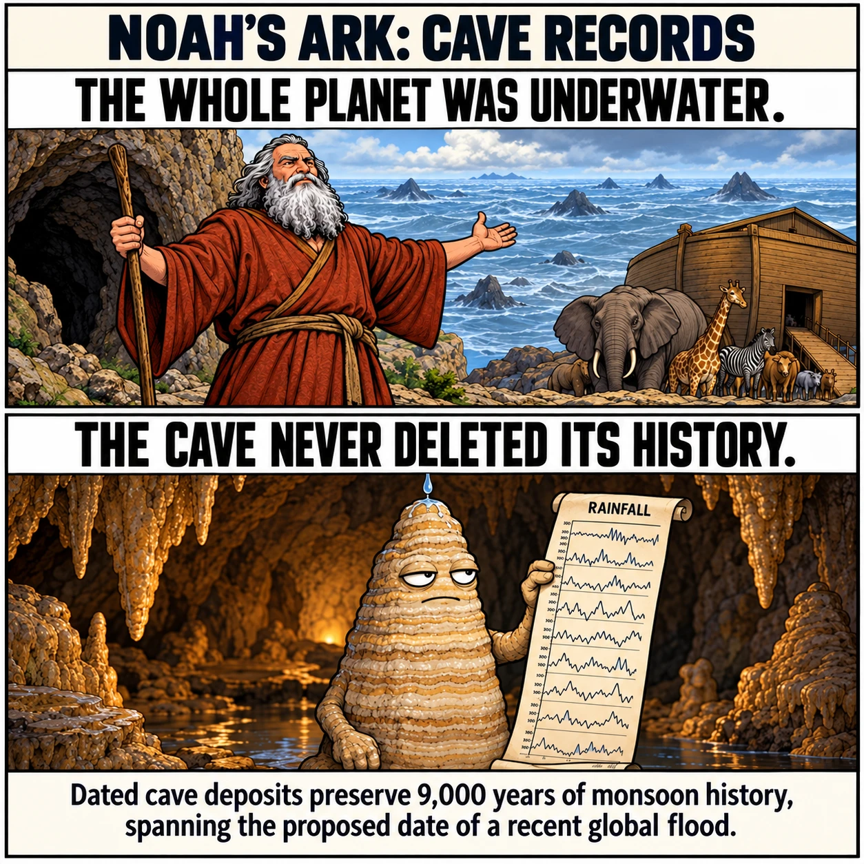 NOAH'S ARK: CAVE RECORDS. THE WHOLE PLANET WAS UNDERWATER. THE CAVE NEVER DELETED ITS HISTORY. Dated cave deposits preserve 9,000 years of monsoon history, spanning the proposed date of a recent global flood.