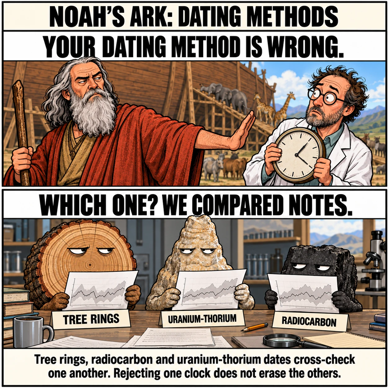 NOAH'S ARK: DATING METHODS. YOUR DATING METHOD IS WRONG. WHICH ONE? WE COMPARED NOTES. Tree rings, radiocarbon and uranium-thorium dates cross-check one another. Rejecting one clock does not erase the others.