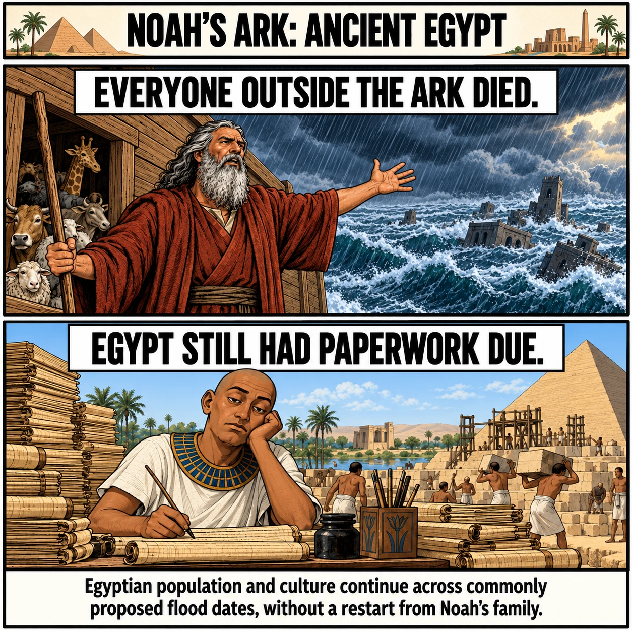 NOAH'S ARK: ANCIENT EGYPT. EVERYONE OUTSIDE THE ARK DIED. EGYPT STILL HAD PAPERWORK DUE. Egyptian population and culture continue across commonly proposed flood dates, without a restart from Noah's family.