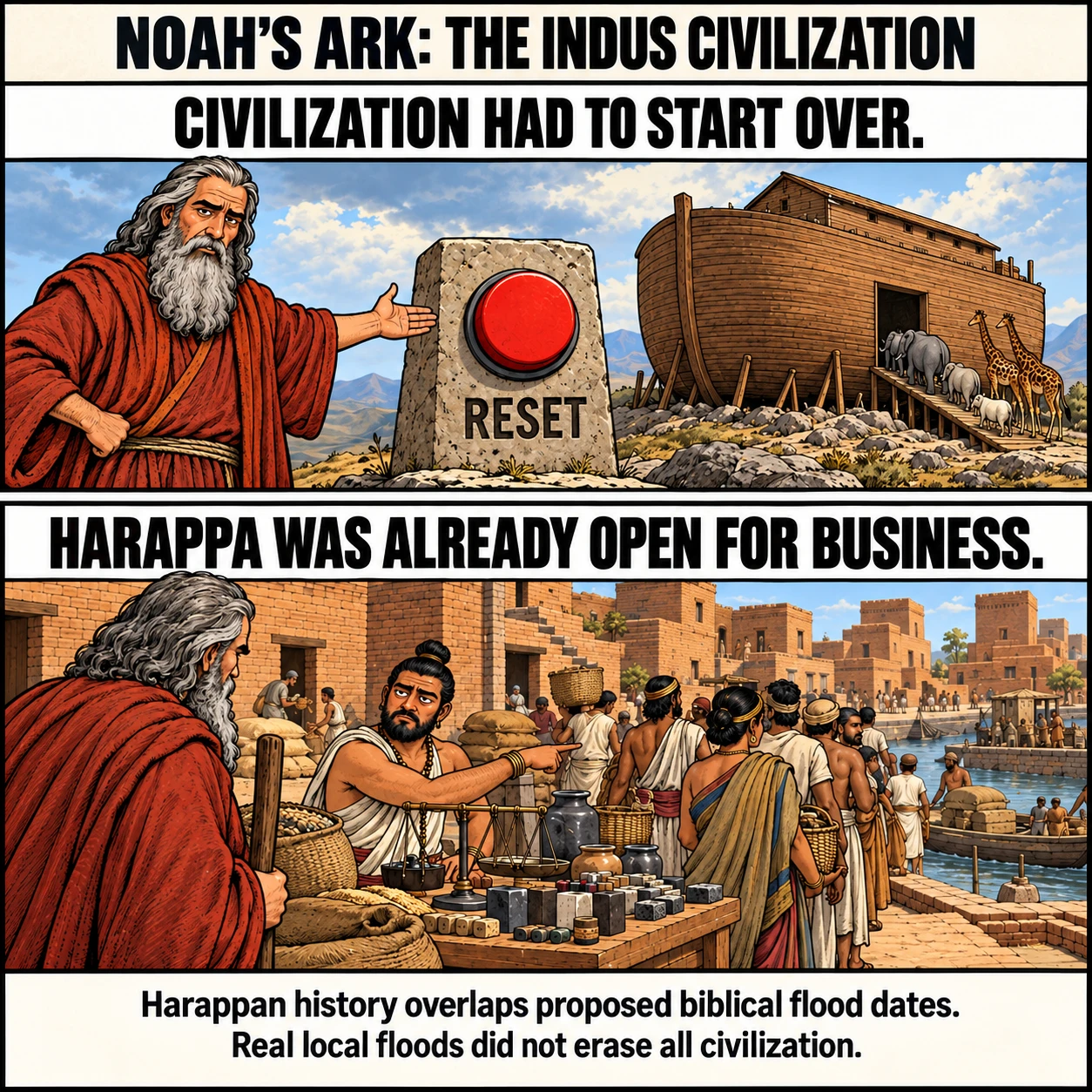 NOAH'S ARK: THE INDUS CIVILIZATION. CIVILIZATION HAD TO START OVER. HARAPPA WAS ALREADY OPEN FOR BUSINESS. Harappan history overlaps proposed biblical flood dates. Real local floods did not erase all civilization.