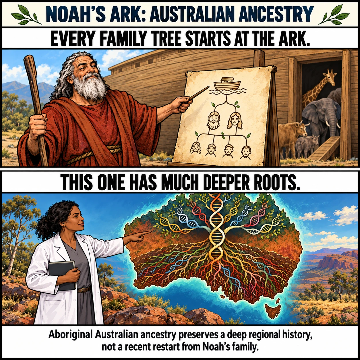 NOAH'S ARK: AUSTRALIAN ANCESTRY. EVERY FAMILY TREE STARTS AT THE ARK. THIS ONE HAS MUCH DEEPER ROOTS. Aboriginal Australian ancestry preserves a deep regional history, not a recent restart from Noah's family.