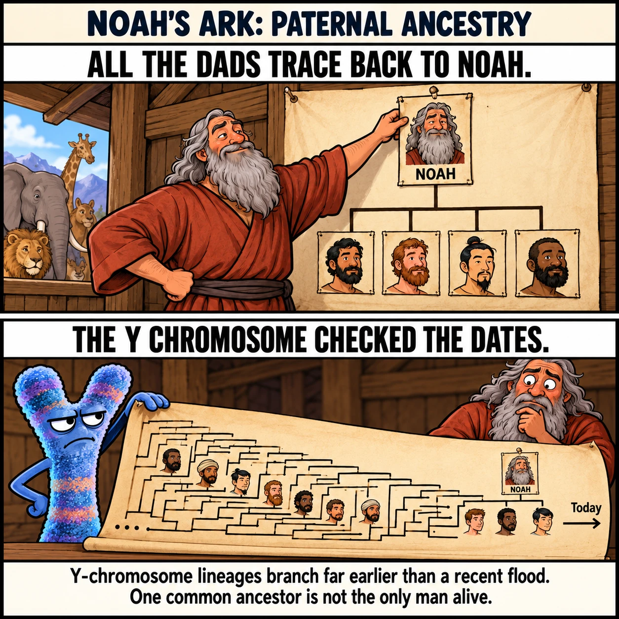 NOAH'S ARK: PATERNAL ANCESTRY. ALL THE DADS TRACE BACK TO NOAH. THE Y CHROMOSOME CHECKED THE DATES. Y-chromosome lineages branch far earlier than a recent flood. One common ancestor is not the only man alive.