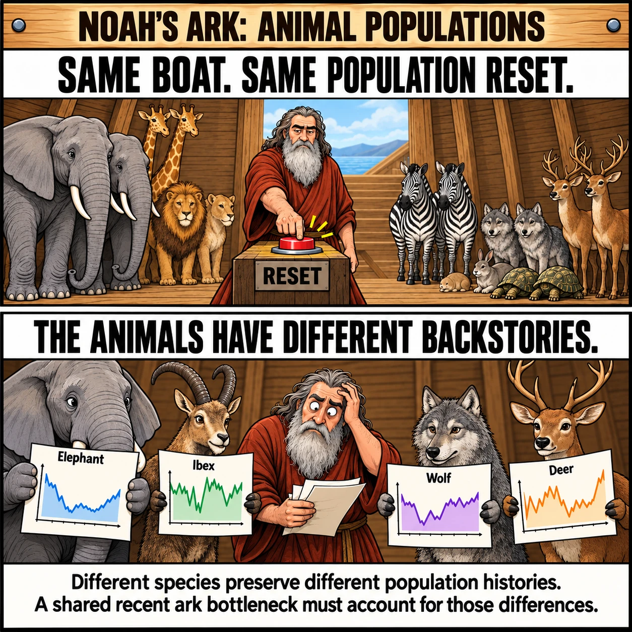 NOAH'S ARK: ANIMAL POPULATIONS. SAME BOAT. SAME POPULATION RESET. THE ANIMALS HAVE DIFFERENT BACKSTORIES. Different species preserve different population histories. A shared recent ark bottleneck must account for those differences.