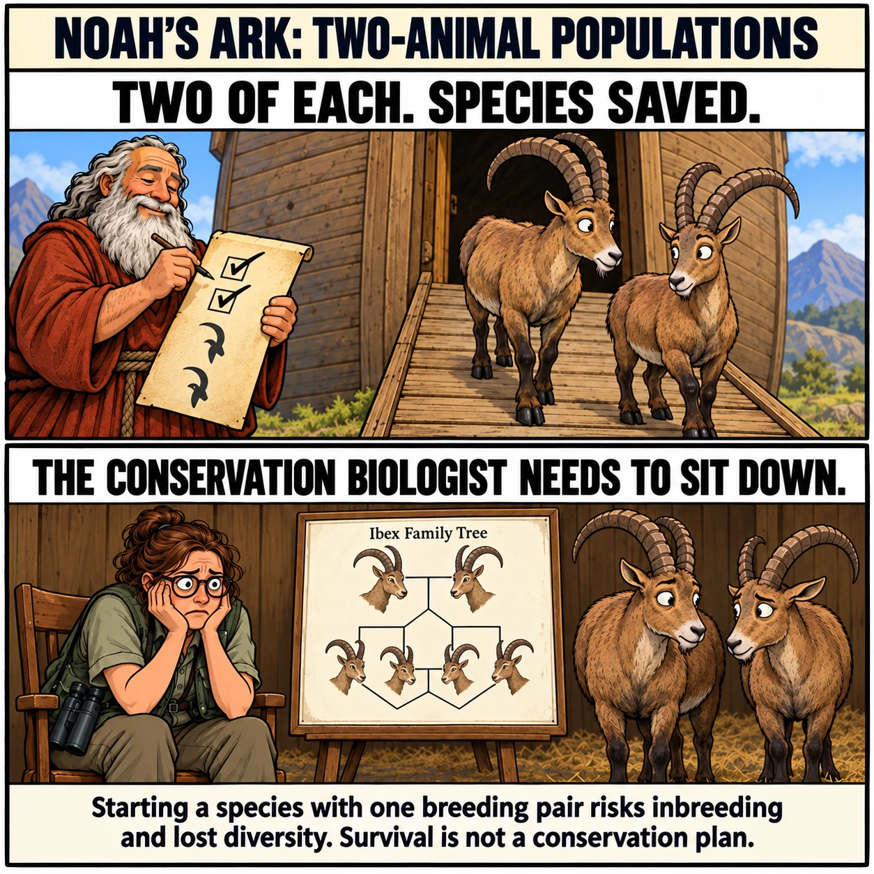 NOAH'S ARK: TWO-ANIMAL POPULATIONS. TWO OF EACH. SPECIES SAVED. THE CONSERVATION BIOLOGIST NEEDS TO SIT DOWN. Starting a species with one breeding pair risks inbreeding and lost diversity. Survival is not a conservation plan.
