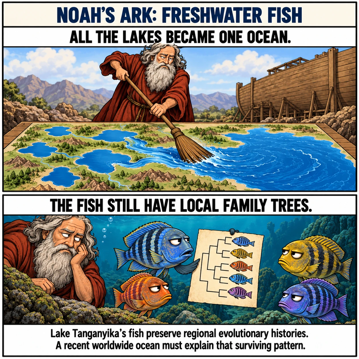 NOAH'S ARK: FRESHWATER FISH. ALL THE LAKES BECAME ONE OCEAN. THE FISH STILL HAVE LOCAL FAMILY TREES. Lake Tanganyika's fish preserve regional evolutionary histories. A recent worldwide ocean must explain that surviving pattern.
