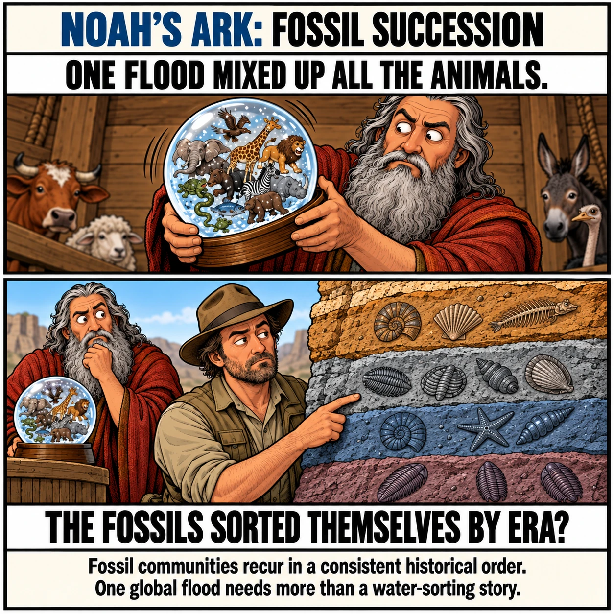 NOAH'S ARK: FOSSIL SUCCESSION. ONE FLOOD MIXED UP ALL THE ANIMALS. THE FOSSILS SORTED THEMSELVES BY ERA? Fossil communities recur in a consistent historical order. One global flood needs more than a water-sorting story.