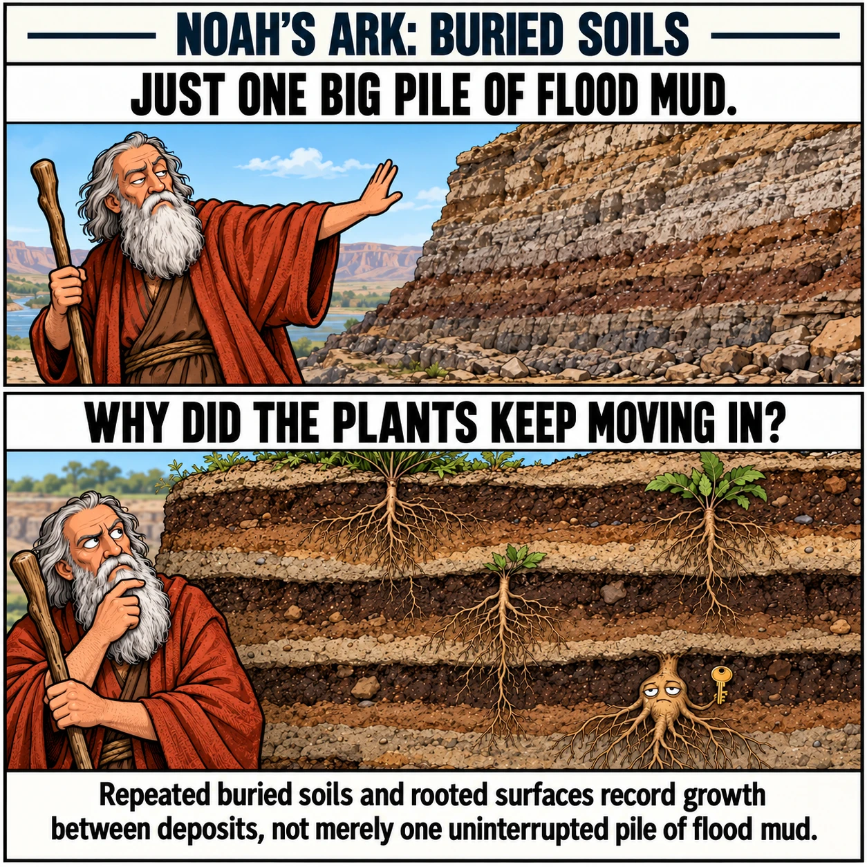 NOAH'S ARK: BURIED SOILS. JUST ONE BIG PILE OF FLOOD MUD. WHY DID THE PLANTS KEEP MOVING IN? Repeated buried soils and rooted surfaces record growth between deposits, not merely one uninterrupted pile of flood mud.