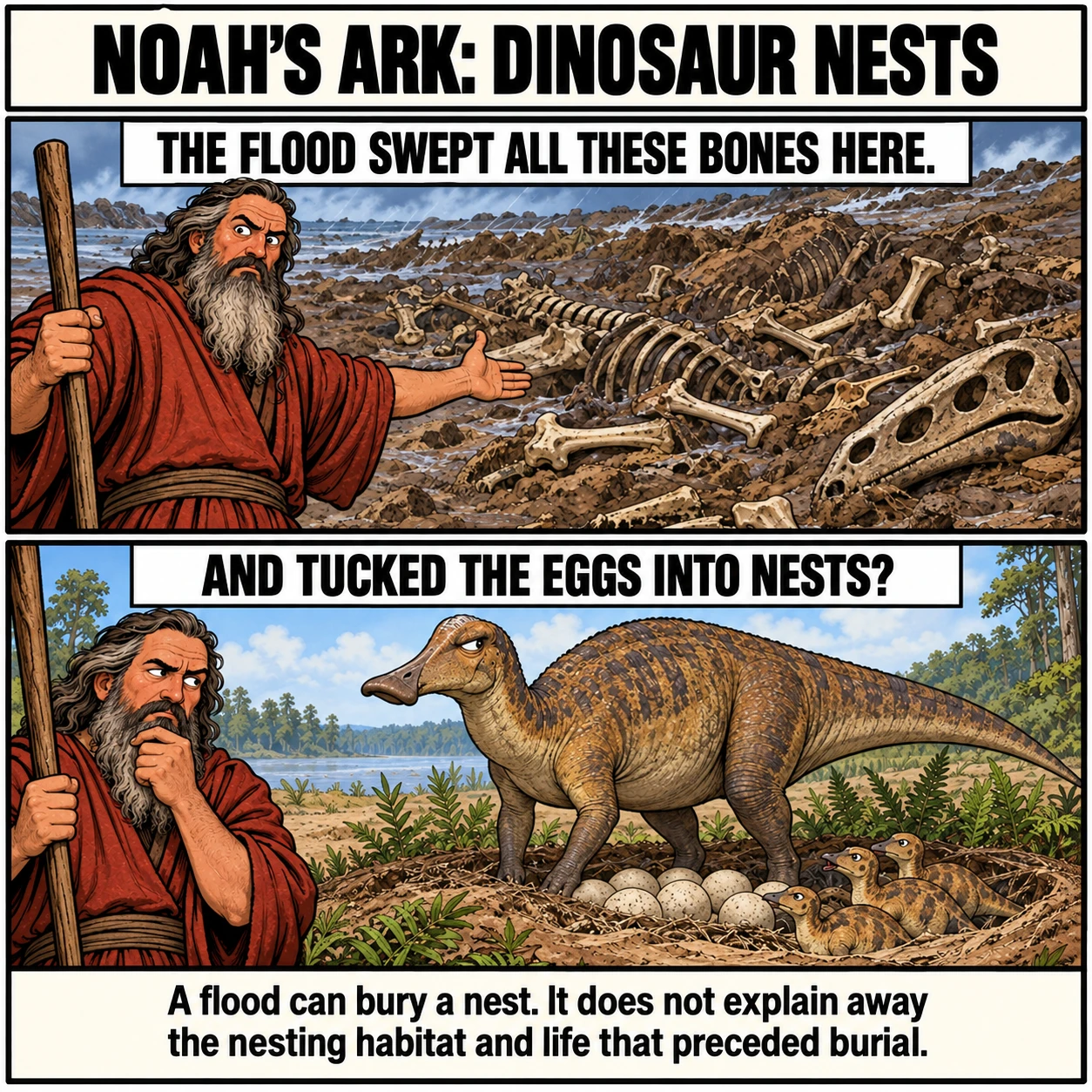 NOAH'S ARK: DINOSAUR NESTS. THE FLOOD SWEPT ALL THESE BONES HERE. AND TUCKED THE EGGS INTO NESTS? A flood can bury a nest. It does not explain away the nesting habitat and life that preceded burial.
