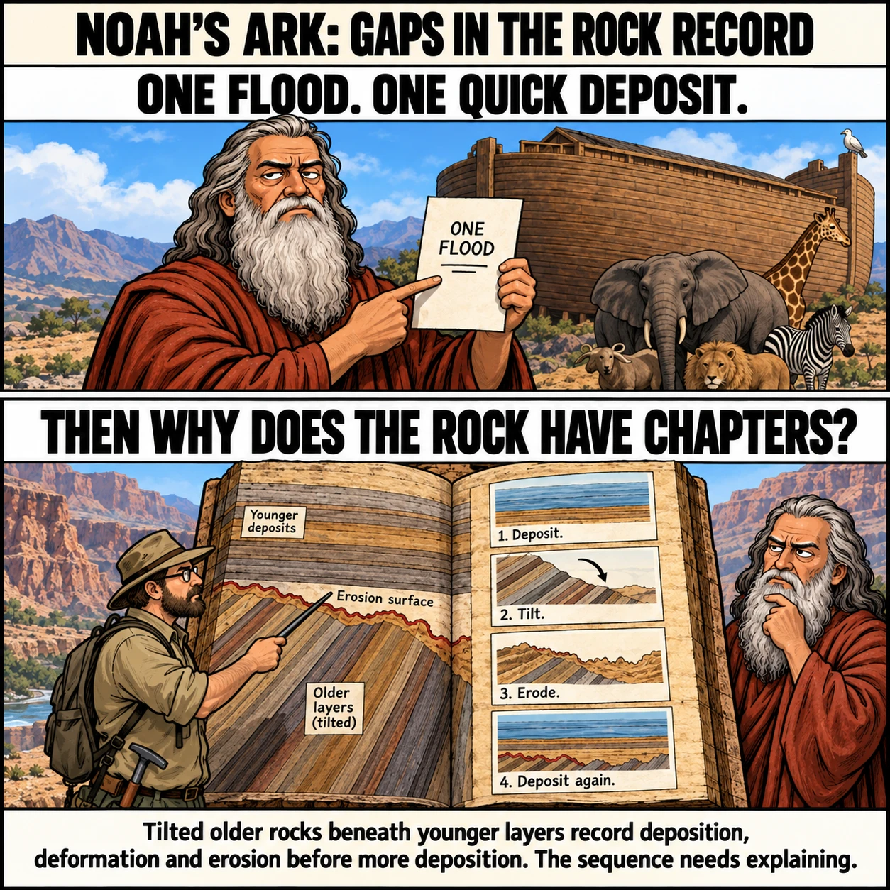 NOAH'S ARK: GAPS IN THE ROCK RECORD. ONE FLOOD. ONE QUICK DEPOSIT. THEN WHY DOES THE ROCK HAVE CHAPTERS? Tilted older rocks beneath younger layers record deposition, deformation and erosion before more deposition. The sequence needs explaining.