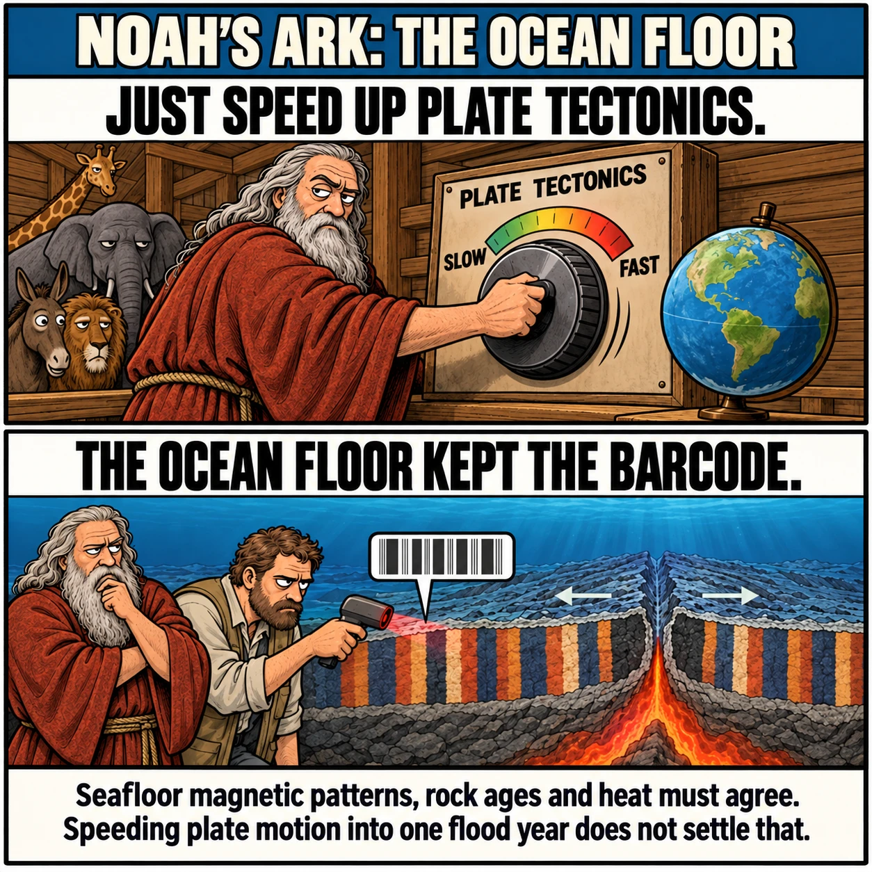 NOAH'S ARK: THE OCEAN FLOOR. JUST SPEED UP PLATE TECTONICS. THE OCEAN FLOOR KEPT THE BARCODE. Seafloor magnetic patterns, rock ages and heat must agree. Speeding plate motion into one flood year does not settle that.