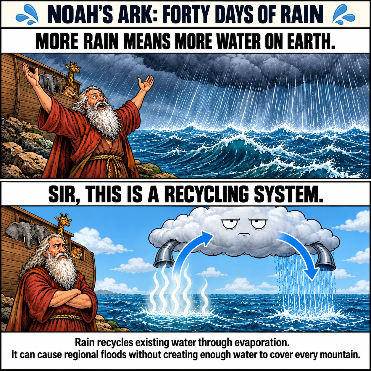 NOAH'S ARK: FORTY DAYS OF RAIN. MORE RAIN MEANS MORE WATER ON EARTH. SIR, THIS IS A RECYCLING SYSTEM. Rain recycles existing water through evaporation. It can cause regional floods without creating enough water to cover every mountain.
