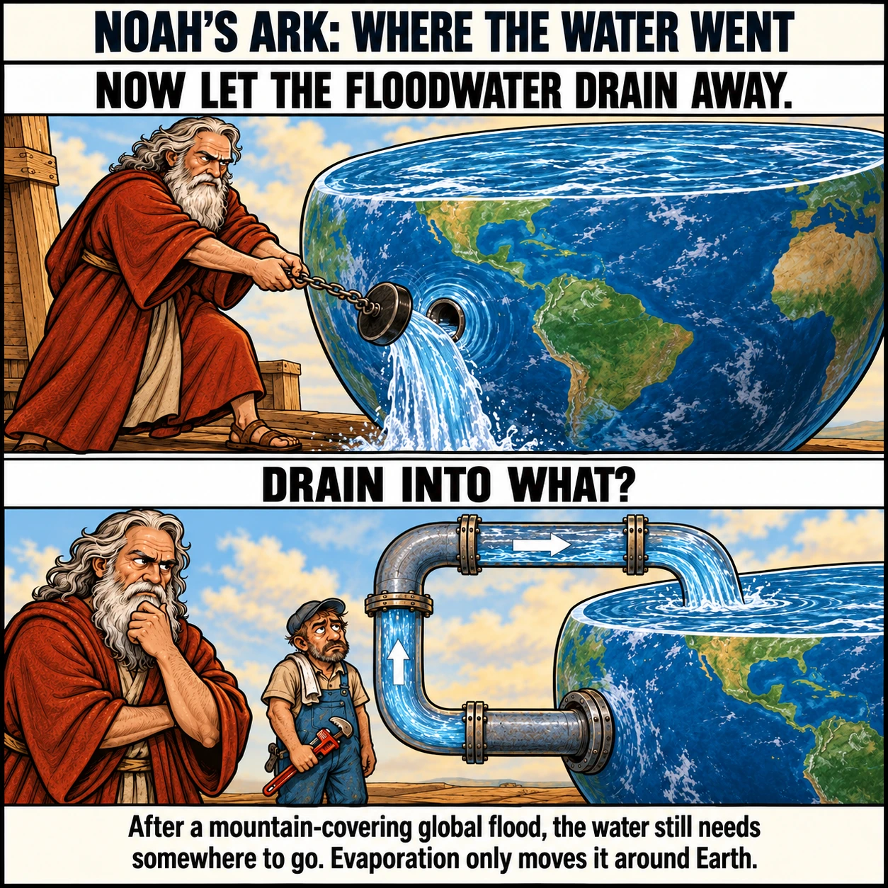 NOAH'S ARK: WHERE THE WATER WENT. NOW LET THE FLOODWATER DRAIN AWAY. DRAIN INTO WHAT? After a mountain-covering global flood, the water still needs somewhere to go. Evaporation only moves it around Earth.