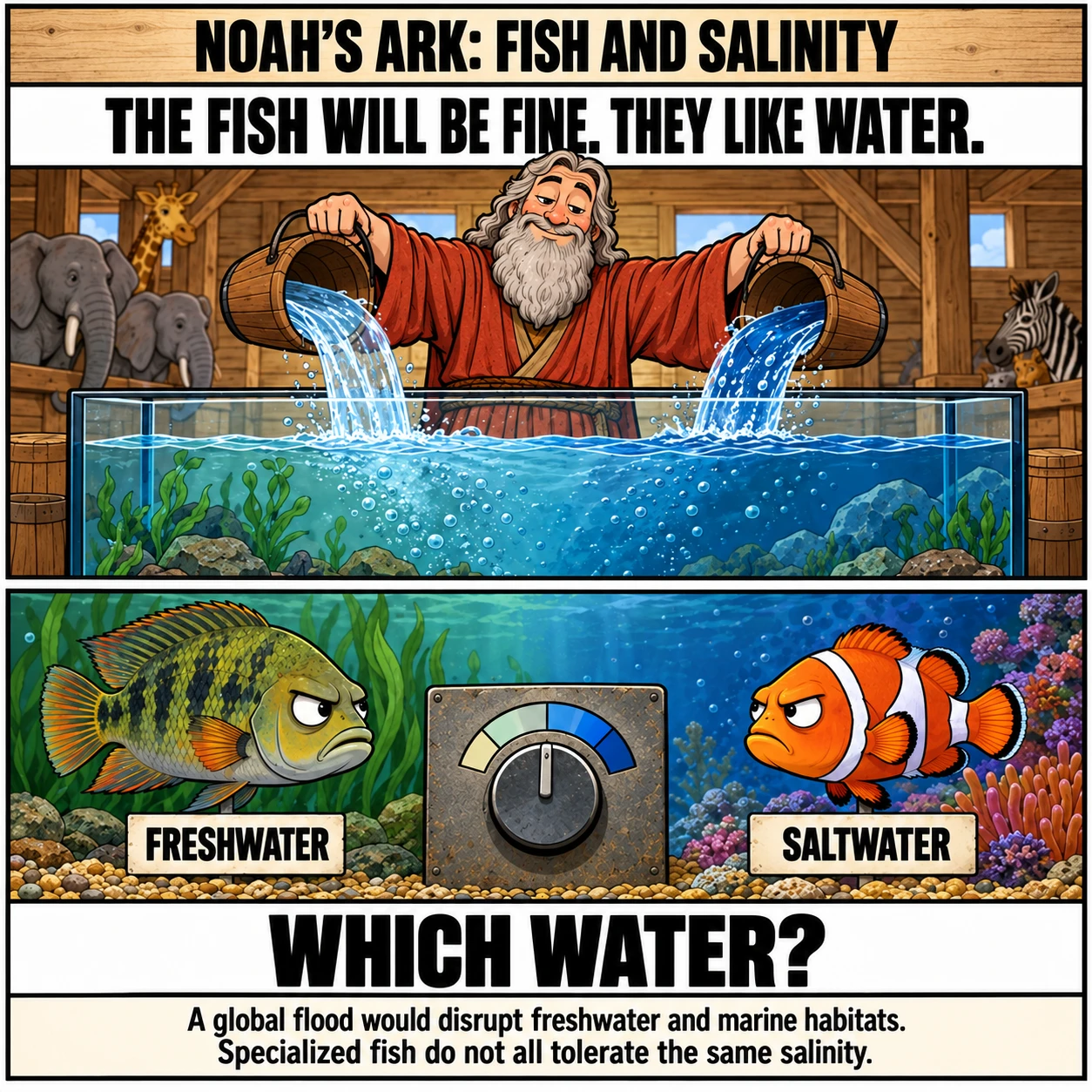 NOAH'S ARK: FISH AND SALINITY. THE FISH WILL BE FINE. THEY LIKE WATER. WHICH WATER? A global flood would disrupt freshwater and marine habitats. Specialized fish do not all tolerate the same salinity.