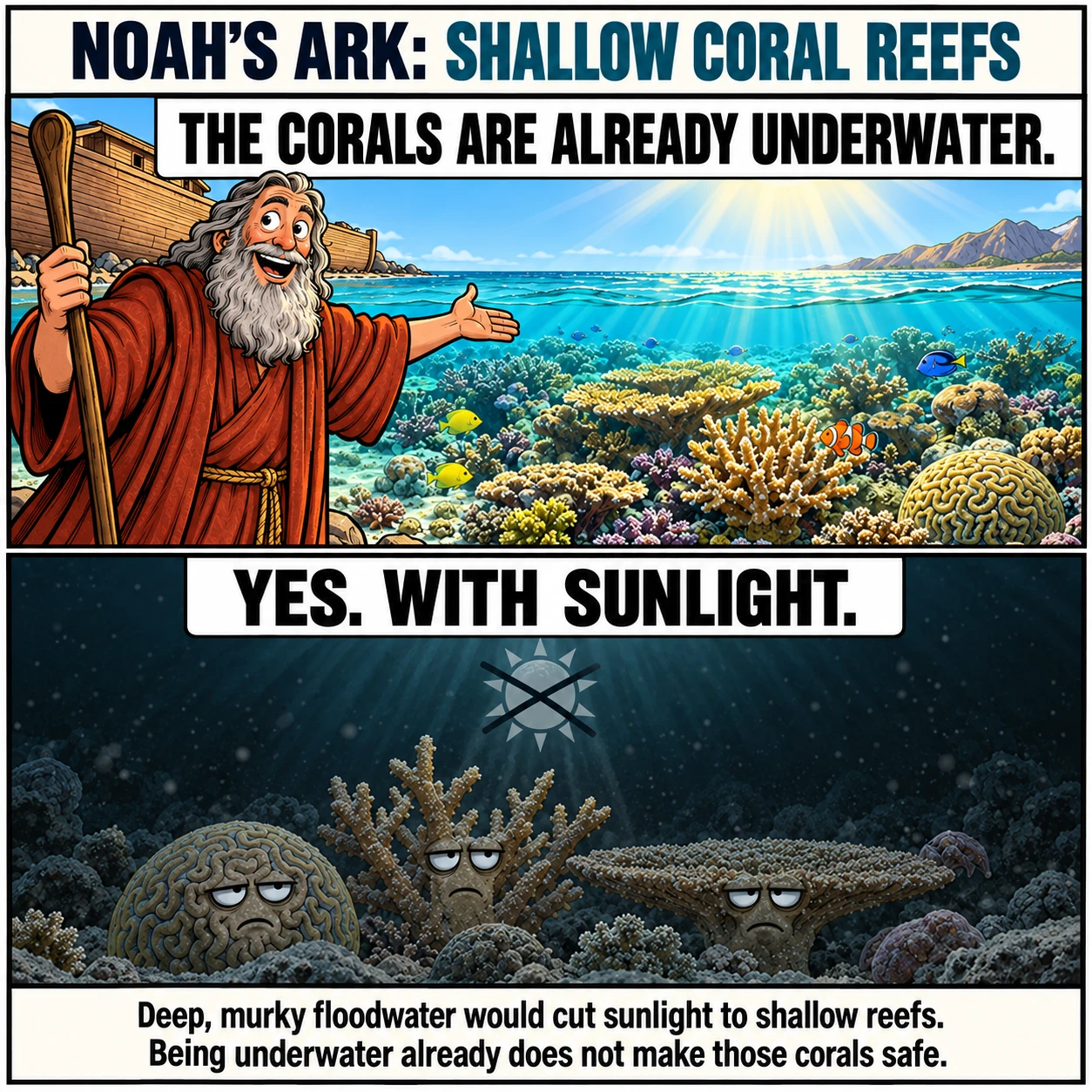 NOAH'S ARK: SHALLOW CORAL REEFS. THE CORALS ARE ALREADY UNDERWATER. YES. WITH SUNLIGHT. Deep, murky floodwater would cut sunlight to shallow reefs. Being underwater already does not make those corals safe.