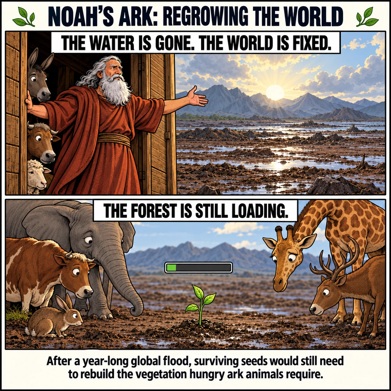NOAH'S ARK: REGROWING THE WORLD. THE WATER IS GONE. THE WORLD IS FIXED. THE FOREST IS STILL LOADING. After a year-long global flood, surviving seeds would still need to rebuild the vegetation hungry ark animals require.