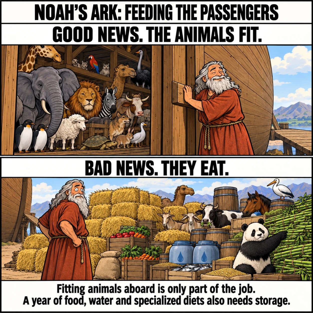 NOAH'S ARK: FEEDING THE PASSENGERS. GOOD NEWS. THE ANIMALS FIT. BAD NEWS. THEY EAT. Fitting animals aboard is only part of the job. A year of food, water and specialized diets also needs storage.