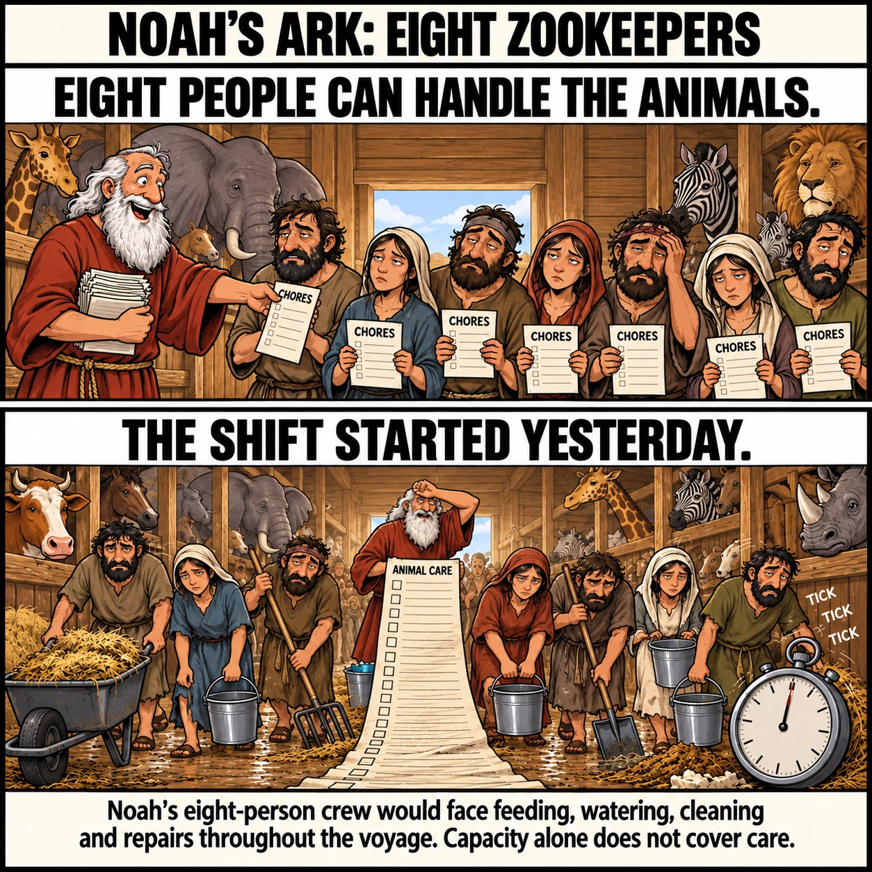 NOAH'S ARK: EIGHT ZOOKEEPERS. EIGHT PEOPLE CAN HANDLE THE ANIMALS. THE SHIFT STARTED YESTERDAY. Noah's eight-person crew would face feeding, watering, cleaning and repairs throughout the voyage. Capacity alone does not cover care.