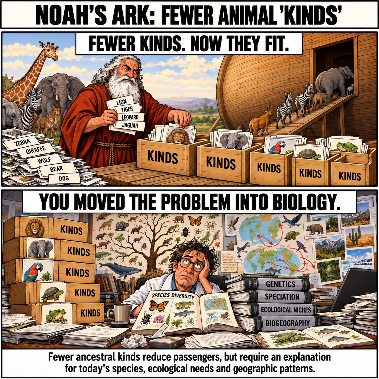 NOAH'S ARK: FEWER ANIMAL 'KINDS'. FEWER KINDS. NOW THEY FIT. YOU MOVED THE PROBLEM INTO BIOLOGY. Fewer ancestral kinds reduce passengers, but require an explanation for today's species, ecological needs and geographic patterns.