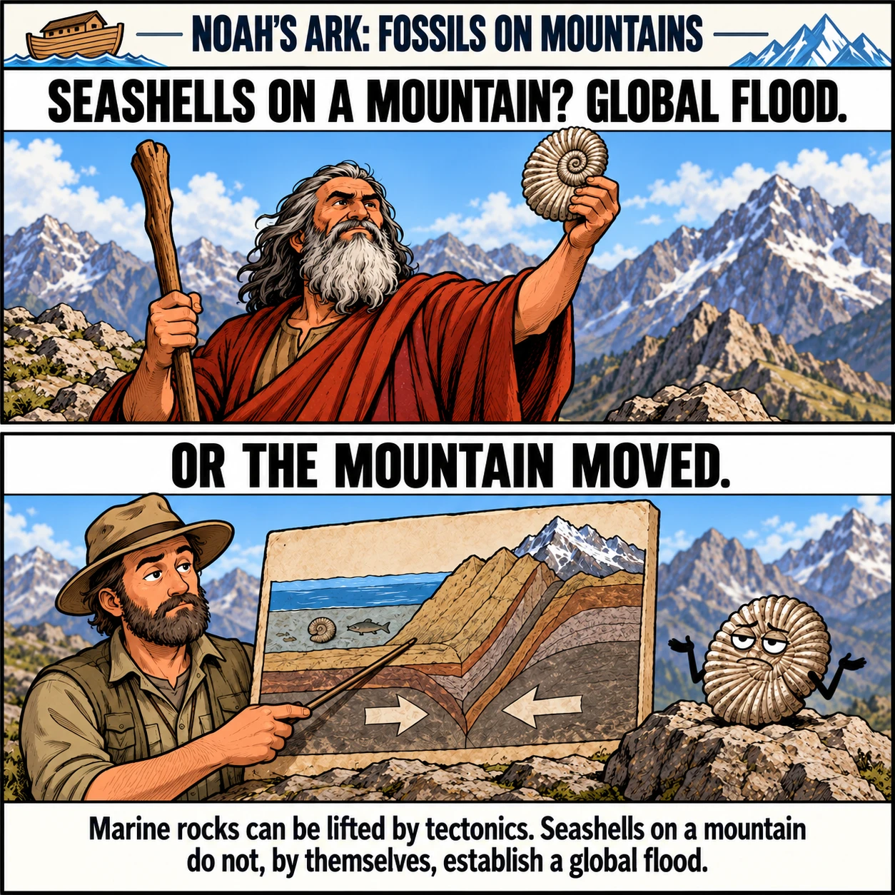 NOAH'S ARK: FOSSILS ON MOUNTAINS. SEASHELLS ON A MOUNTAIN? GLOBAL FLOOD. OR THE MOUNTAIN MOVED. Marine rocks can be lifted by tectonics. Seashells on a mountain do not, by themselves, establish a global flood.