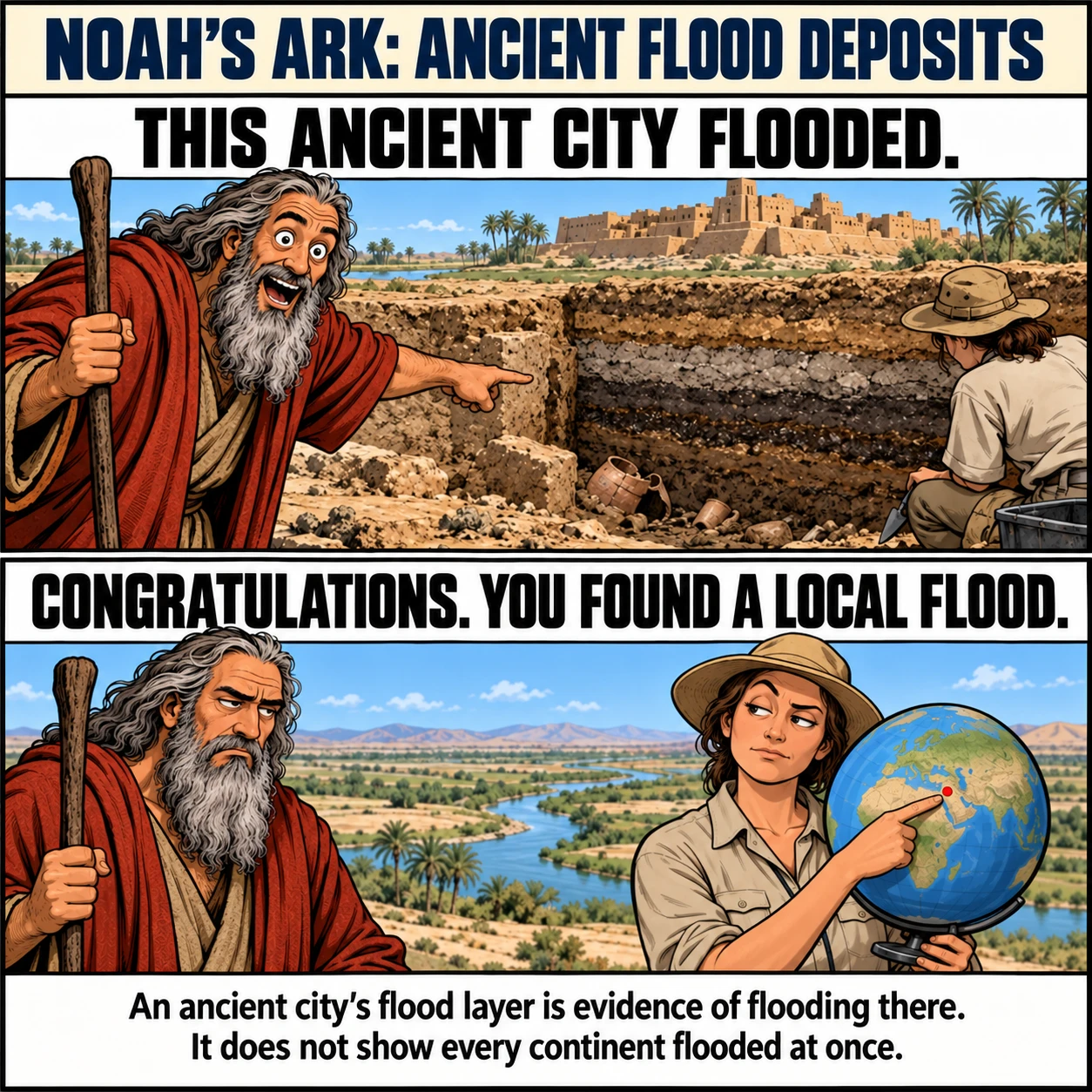 NOAH'S ARK: ANCIENT FLOOD DEPOSITS. THIS ANCIENT CITY FLOODED. CONGRATULATIONS. YOU FOUND A LOCAL FLOOD. An ancient city's flood layer is evidence of flooding there. It does not show every continent flooded at once.