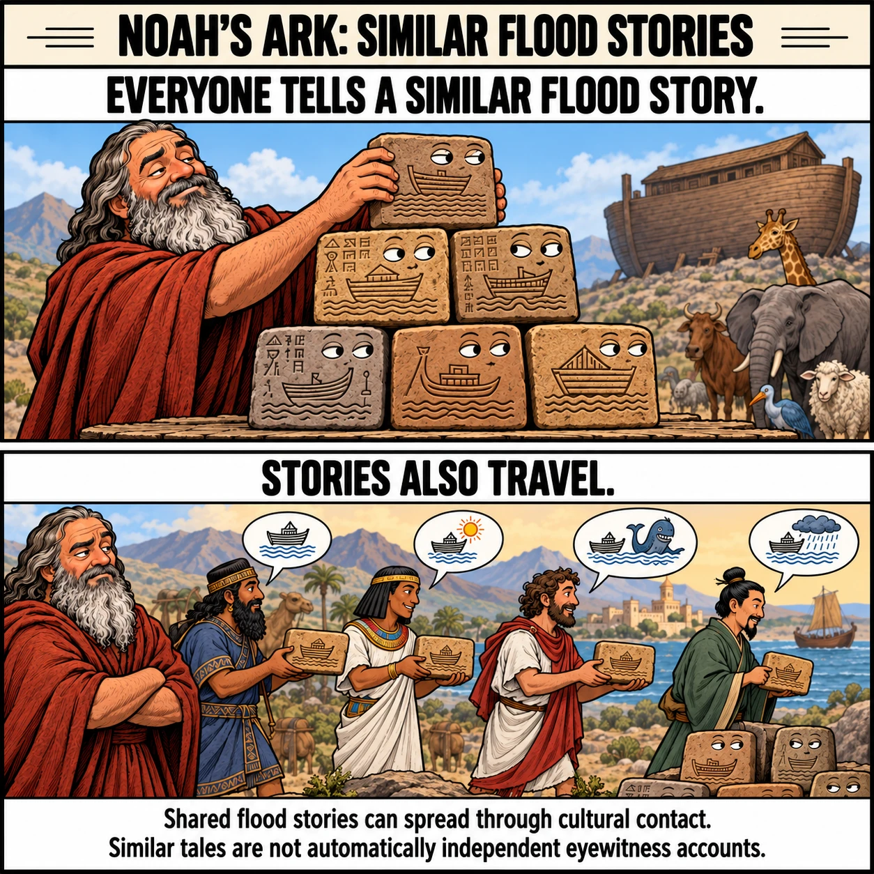 NOAH'S ARK: SIMILAR FLOOD STORIES. EVERYONE TELLS A SIMILAR FLOOD STORY. STORIES ALSO TRAVEL. Shared flood stories can spread through cultural contact. Similar tales are not automatically independent eyewitness accounts.