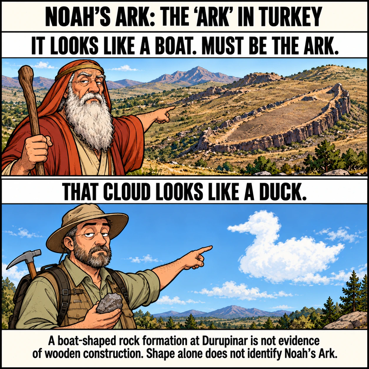 NOAH'S ARK: THE 'ARK' IN TURKEY. IT LOOKS LIKE A BOAT. MUST BE THE ARK. THAT CLOUD LOOKS LIKE A DUCK. A boat-shaped rock formation at Durupinar is not evidence of wooden construction. Shape alone does not identify Noah's Ark.